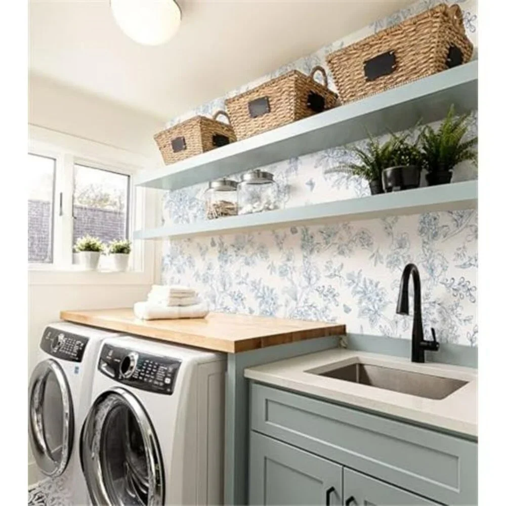 Cream White and Blue Floral Wallpaper Peel and Stick Wallpaper 17.7